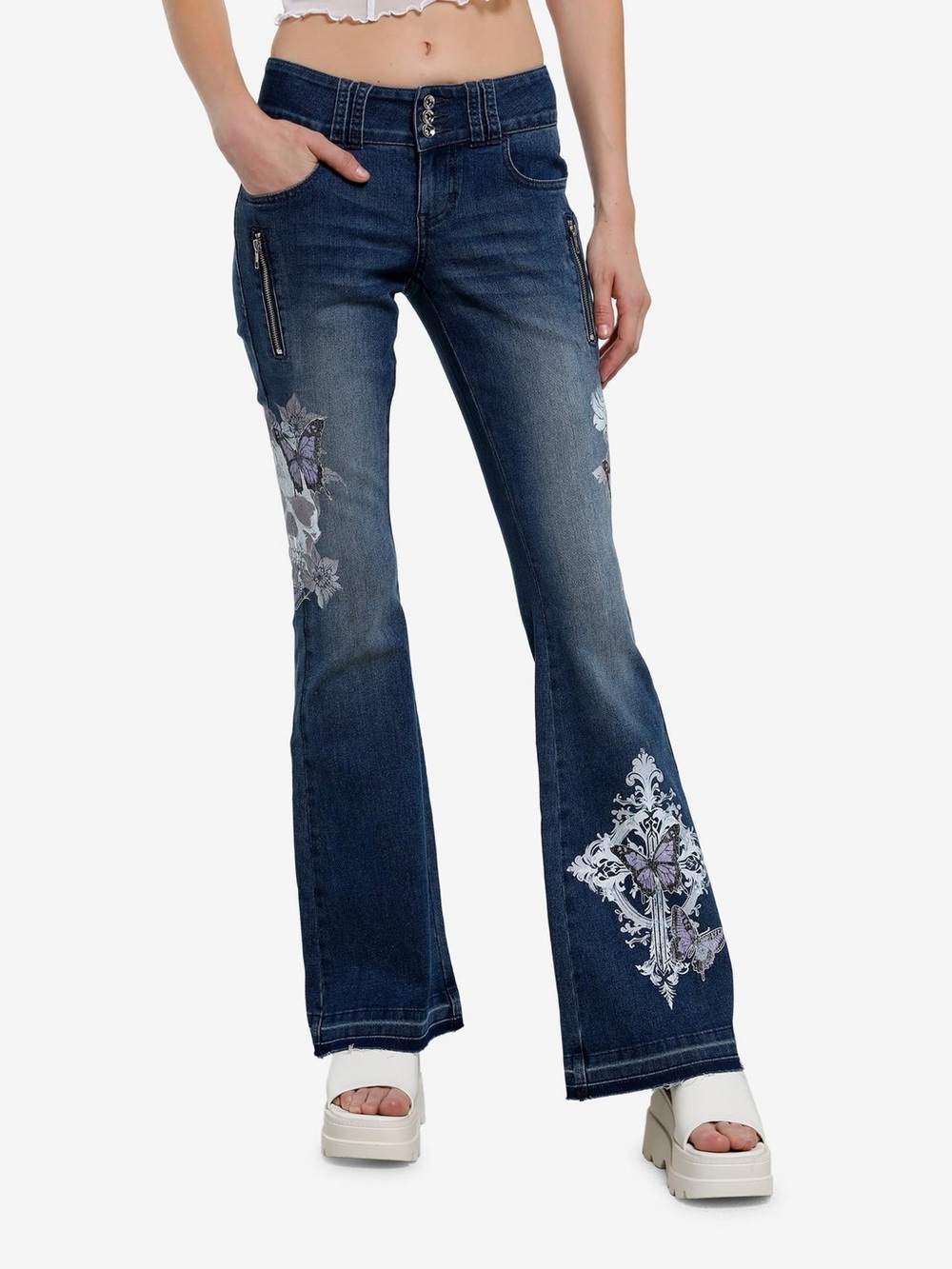 Social Collision Butterfly Skull Low-Rise Denim Flare Raw Hem Jeans Size 9 NEW